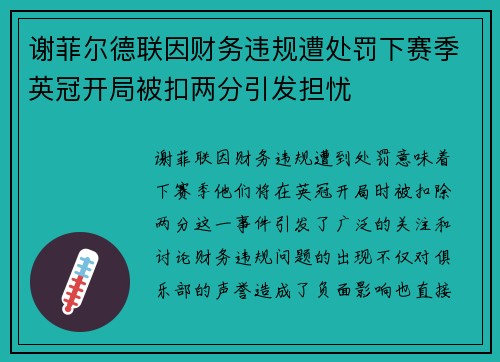 谢菲尔德联因财务违规遭处罚下赛季英冠开局被扣两分引发担忧